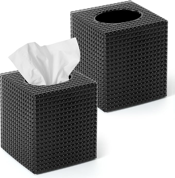2 Pack Tissue Box Cover, Square Facial Acrylic Tissue Holder, Modern Decorative Facial Tissue Box Vessel Cube Paper Napkin Organizer Dispenser for Bathroom Countertop, Vanity Desk, Black