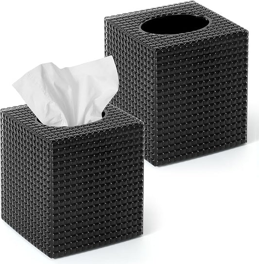 2 Pack Tissue Box Cover, Square Facial Acrylic Tissue Holder, Modern Decorative Facial Tissue Box Vessel Cube Paper Napkin Organizer Dispenser for Bathroom Countertop, Vanity Desk, Black