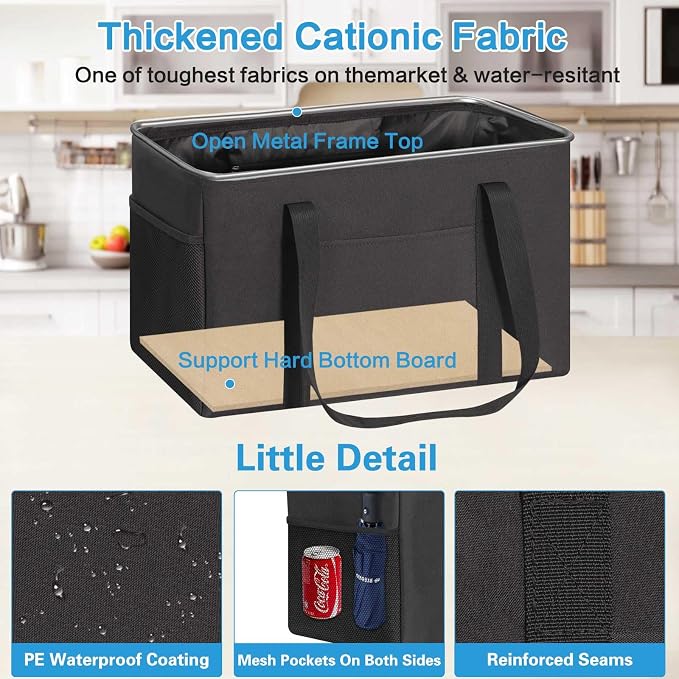 LHZK 2 Pack Utility Tote Bag with Metal Wire Frame and the Sides Rinforced, Large Tote Bag with Handle, Reusable Grocery Bags Foldable, Beach Bag, Car Tote (Black, 18.5''x11.8''x11.5'')