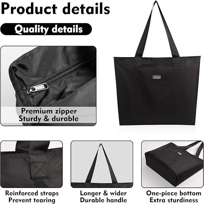 AOTIAN Heavy Duty 20 Liter Reusable Grocery Bags, Thickened Tear-Resistant Polyester Fabric Foldable Machine Washable Shopping Bags, Zipper Closure Water-Resistant Large Tote Bag Travel Gym Beach Bag