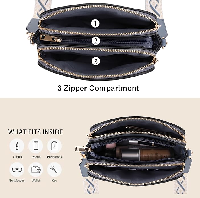 EVVE Crossbody Bags for Women Trendy Triple Zip Small Crossbody Camera Bag Purse with Wide Guitar Strap