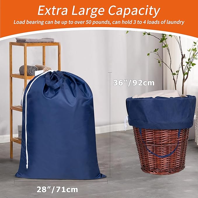 Polecasa Extra Heavy-Duty Laundry Bag 28x36”- Machine Washable Large Storage Bag with Reinforced Handles & Drawstring Closure & ID Tag for College Dorm Travel - Navy