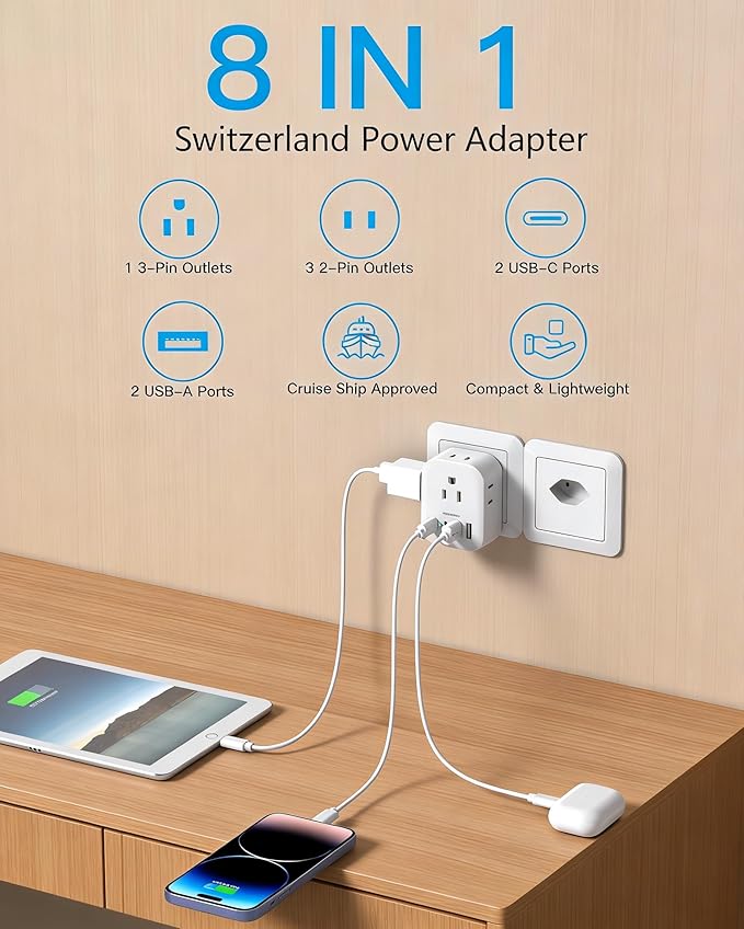Switzerland Travel Plug Adapter 2 Pack, HANYCONY Type J Switzerland Power Adapter with 4 Outlets 4 USB (2 USB-C), Swiss Plug for US to Switzerland Rwanda Jordan Liechtenstein Madagascar