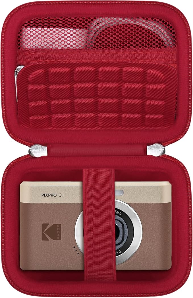 RAIALL Carrying Case for KODAK PIXPRO C1 Friendly Zoom Digital Camera, Point and Shoot Vlogging Camera Hard Travel Bag, Mesh Pocket for Charging Adapter, SD Card, USB Cable and Batteries, Red