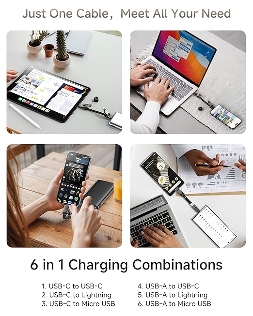 6-in-1 Keychain USB C Charger Cable, 60W Fas Charging Portable Universal Charging Cord with USB-C, Light-ning, USB-A and Micro USB for Phones, Tablets, Power Banks
