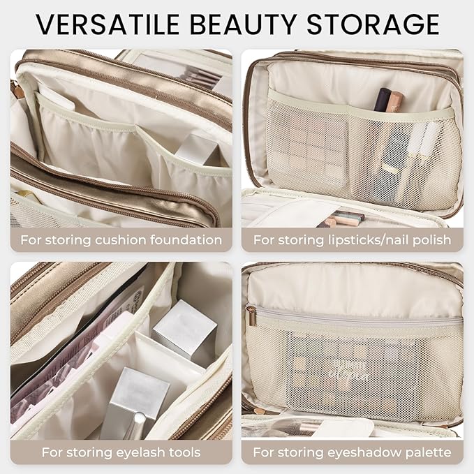 Travel Makeup Bag Women's Large Capacity Cosmetic Portable Organizer Large Opening Waterproof Storage Toiletry Bags Vertical Free-Standing Brush Holder for Easy Access Copper
