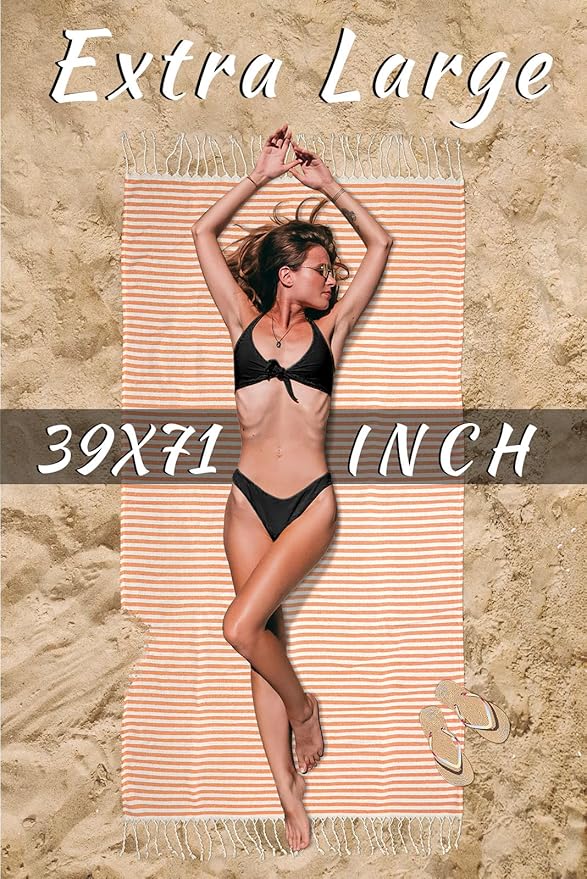 cabanana Turkish Beach Towel Oversized - 40"x70" Quick Dry Sand Free Thin Beach Towels for Adults,Extra Large Cotton Lightweigh Travel Towel for Beach Accessories (Orange)