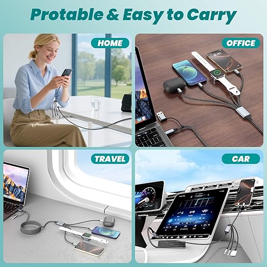 Travel Essentials 4 in 2 Multi Charging Cable for iWatch Charger 5FT,USB A/USB C Multiple Charger Cable/Cord for All Devices Compatible for iWatch Ultra/SE/10-1,iPhone 16-11, Android,More