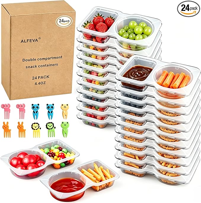 ALFEVA 24 Pcs Reusable Snack Containers with Lids Portion control, Camping Essentials,Meal Prep Containers for Kids adults On the Go Meals, 10 Forks, Snack Pack Containers for Travel