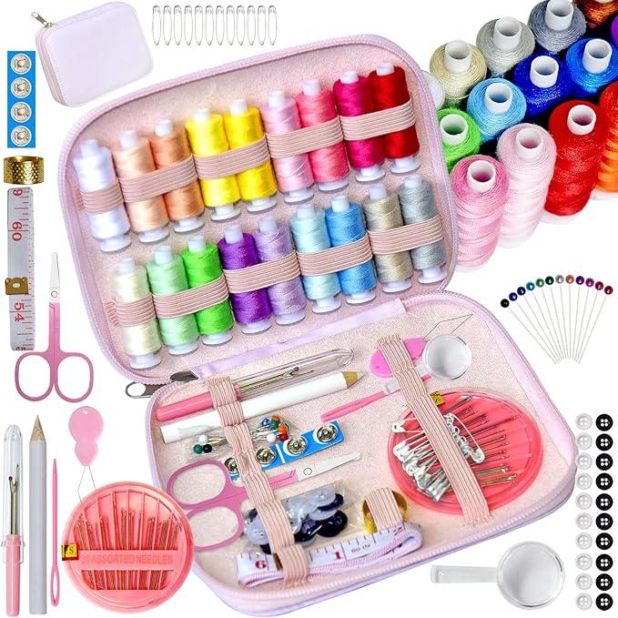 Sewing Kit with Case Portable Sewing Supplies for Home Traveler, Adults, Beginner, Emergency, Contains 18 Sewing Thread, Scissors, Needles, Measure etc (Pink)