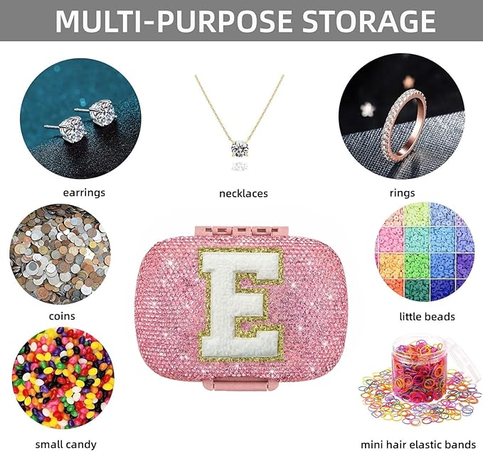 Cute Pill Organizer Small Bling Pill Case for Purse Medicine Vitamin Container Holder Daily Pill Box Container for Women Travel Medicine Kit(Letter E Pink)