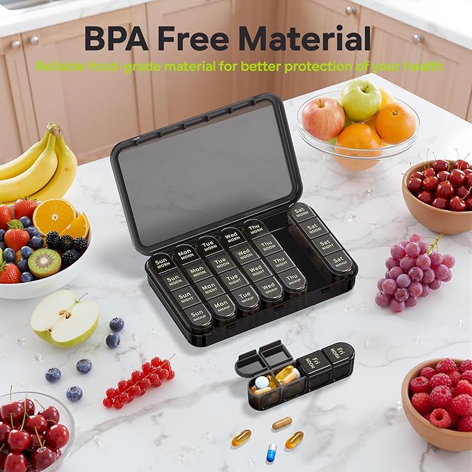 Daviky Pill Organizer 4 Times a Day - Pill Box 7 Day, Weekly Medicine Pill Organizer for Travel with Removable Containers, Pill Case to Hold Daily Vitamins, Supplements and Medication (All Black)