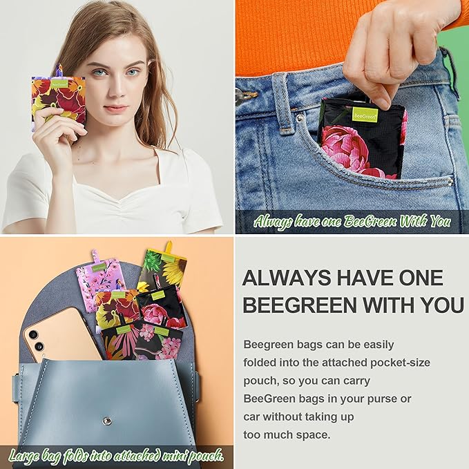 BeeGreen Flower Reusable Shopping Bags Cute Grocery Bag 6 Pack, Christmas Gift Bags Heavy-Duty Foldable Shopping Totes for Supermarket, Work & Travel, Large Washable Polyester Tote Bag with Handles