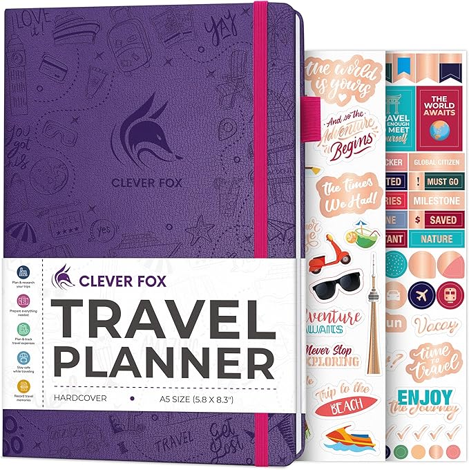 Clever Fox Travel Journal – Vacation & Trip Organizer with Budget Plan, Packing List, Travelling Expense Tracker, A5 (Purple)
