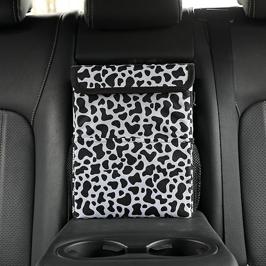 AOKJOY Car garbage can with lid Leak Proof Vehicle Trash Can 3 Storage Pockets Hanging Waterproof car trash bag for suv cow
