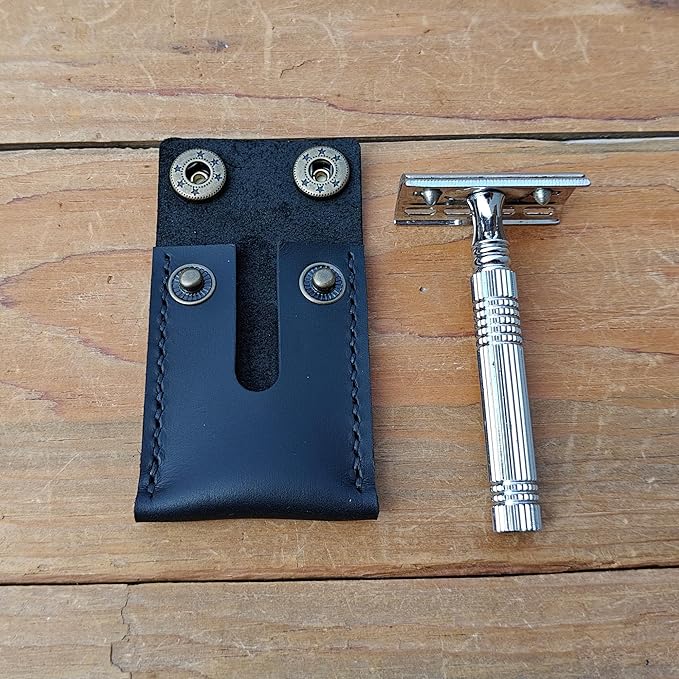 Handmade Leather Safety Razor Cover, Double Edge Head Case, Travel Protection Accessory (Black)