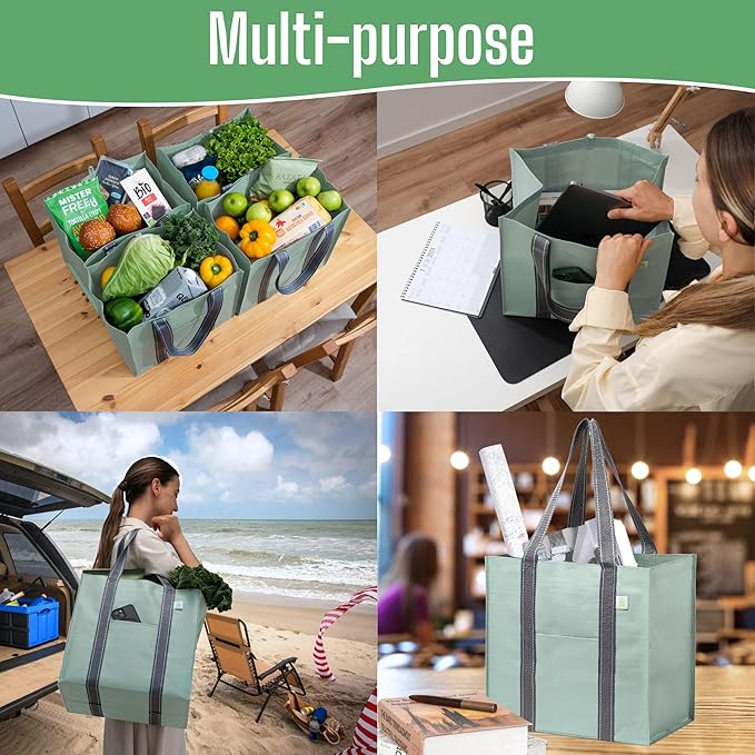 VENO 4 Pack Reusable Grocery Bags, Heavy-Duty Shopping Bags with Handles, Bags for Shopping Cart with Hard Bottom to Stand Upright, Foldable, Multi-Purpose(Light Green, 4 Pack)