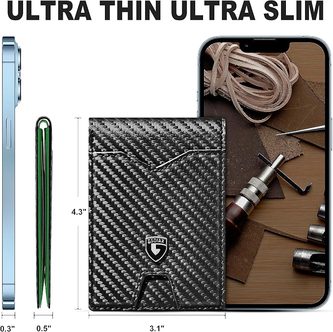 GSOIAX Slim Wallet for Men Rfid Blocking Leather Bifold Front Pocket Carbon Fiber Men's Money Clips Credit Card Holder With Gift Box