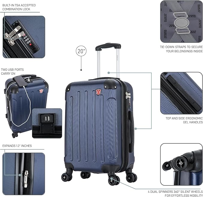 DUKAP INTELY Luggage with Integrated USB Port and Spinner Wheel | Spacious Travel Suitcase with TSA Lock and Ergonomic GEL Handle | 20 Inch Hardside Carry-On Luggage | Blue