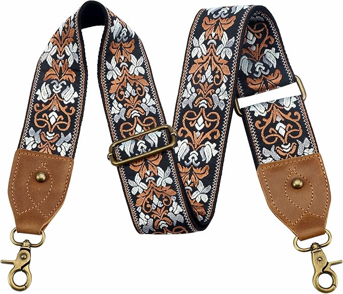 Nefelibata Purse Strap-2"Crazy Horse Leather Bag Strap Adjustable Replacement,Retro Jacquard Embroidery Crossbody Straps