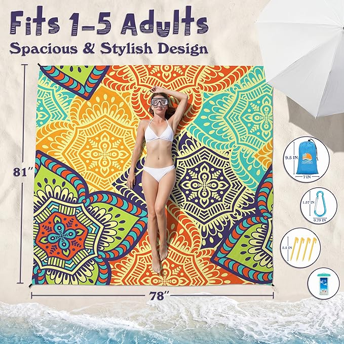 Aroveea Beach Blanket Waterproof Sandproof 1-7 Adult Oversized 78''X81''/10'X9' Lightweight Durable Compact Sand Free Beach Mat for Travel Camping Hiking Picnic Blanket
