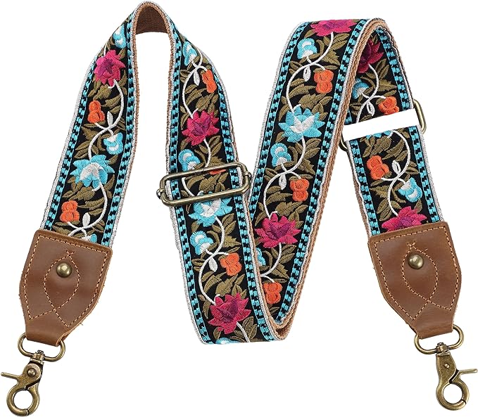 Nefelibata Purse Strap-2"Crazy Horse Leather Bag Strap Adjustable Replacement,Retro Jacquard Embroidery Crossbody Straps