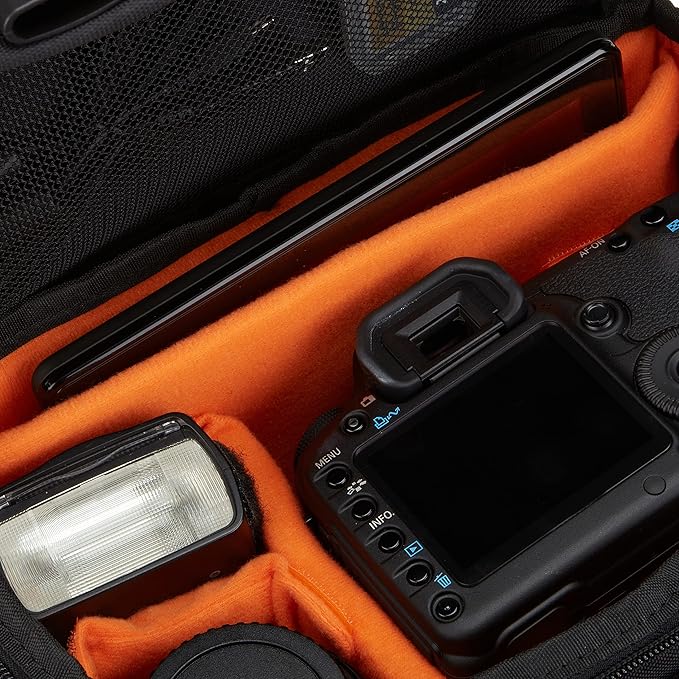 Amazon Basics Large DSLR Gadget Bag with Multiple Compartments, Pockets, Shoulder Strap, Black with Orange Interior