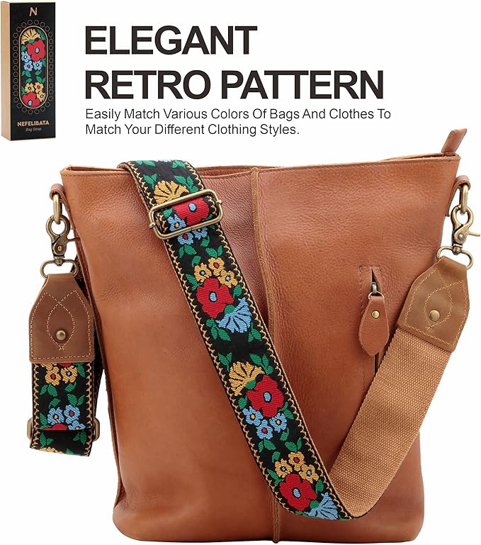 Nefelibata Purse Strap-2"Crazy Horse Leather Bag Strap Adjustable Replacement,Retro Jacquard Embroidery Crossbody Straps