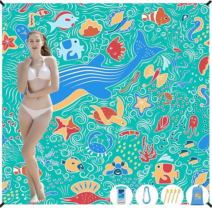 Aroveea Beach Blanket Waterproof Sandproof 1-7 Adult Oversized 78''X81''/10'X9' Lightweight Durable Compact Sand Free Beach Mat for Travel Camping Hiking Picnic Blanket