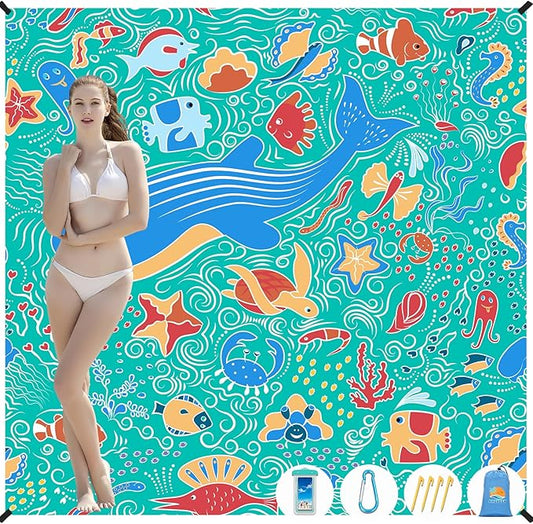Aroveea Beach Blanket Waterproof Sandproof 1-7 Adult Oversized 78''X81''/10'X9' Lightweight Durable Compact Sand Free Beach Mat for Travel Camping Hiking Picnic Blanket