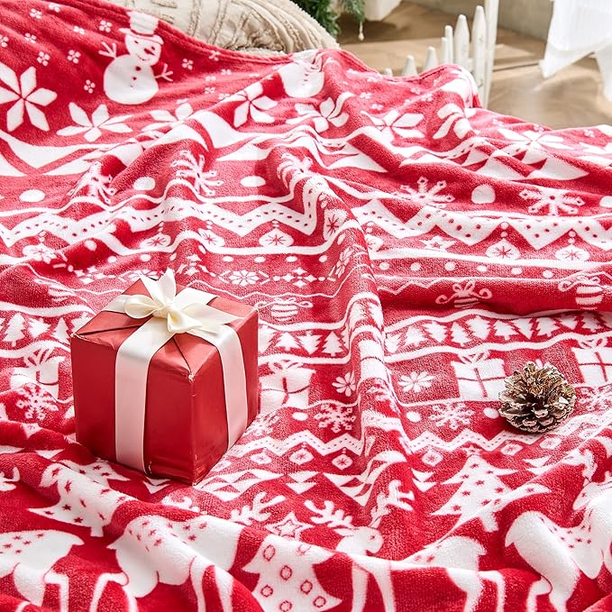 Edenleaf Christmas Blanket Soft Cozy Fleece Throws with Snowman Snowflake Reindeer and Xmas Trees Print, Fuzzy Warm Christmas Throw Blanket for Couch Bed Holiday Decorations Gifts 50"x60" (Red)