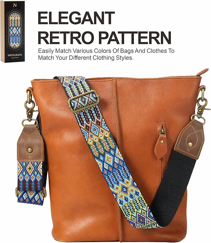 Nefelibata Purse Strap-2"Crazy Horse Leather Bag Strap Adjustable Replacement,Retro Jacquard Embroidery Crossbody Straps