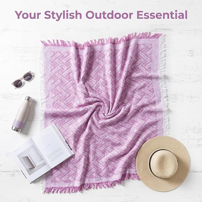 70x70 Bohemian Picnic Mat Extra Large, Sand Proof Outdoor Camping Blanket Machine Washable, Lightweight Portable Travel Tarp for 5-7 Adults Beach Park Grass (Pink-T-Grid)