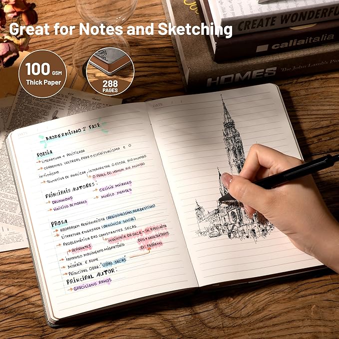 CAGIE Compass Leather Journal Gift for Men - Vintage Writing Notebook with Pen, 100 GSM 288 Page Lined Journal A5 Hardcover, 180° Lay Flat, Daily, Travel, Office & Gift Idea