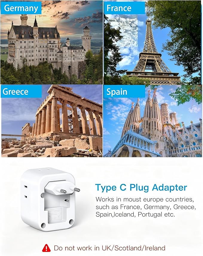 2 Pack European Travel Plug Adapter, HANYCONY International Power Adapter 4 Outlets 4 USB C Ports (2 USB C), Foldable Type C Adapter for US to Most Europe EU Italy Spain Greece Portugal France Germany