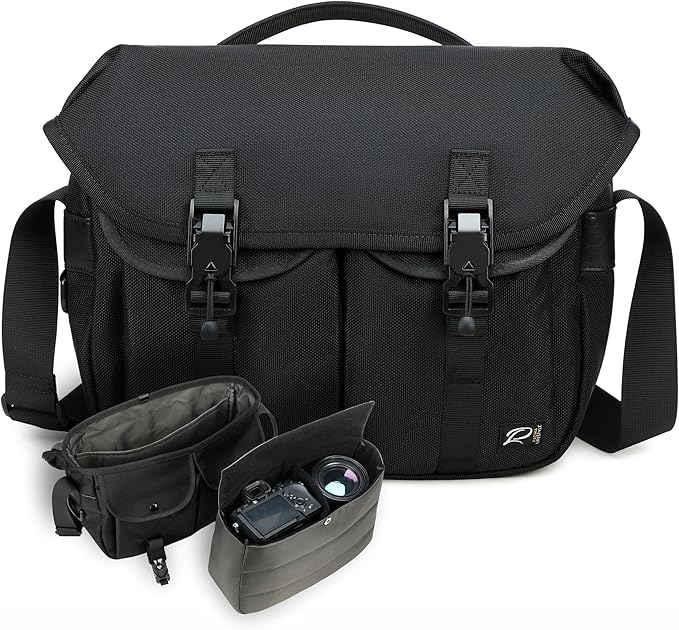 Padwa Lifestyle Black Camera Bag - Nylon Flap Camera Photography Bag with Removable Lining for Single Shoulder & Crossbody and Hand Carry,Weather Resistant Casual Camera Bag for Cameras & Drone