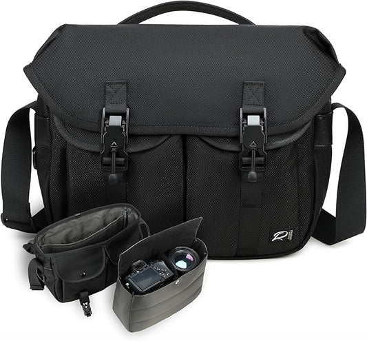 Padwa Lifestyle Black Camera Bag - Nylon Flap Camera Photography Bag with Removable Lining for Single Shoulder & Crossbody and Hand Carry,Weather Resistant Casual Camera Bag for Cameras & Drone