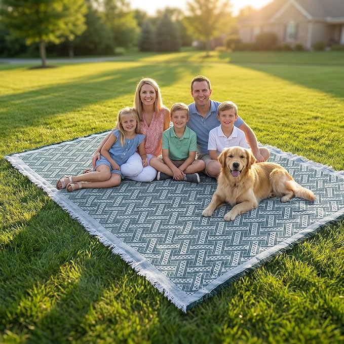 70x70 Bohemian Picnic Mat Extra Large, Sand Proof Outdoor Camping Blanket Machine Washable, Lightweight Portable Travel Tarp for 5-7 Adults Beach Park Grass (Green-T-Grid)