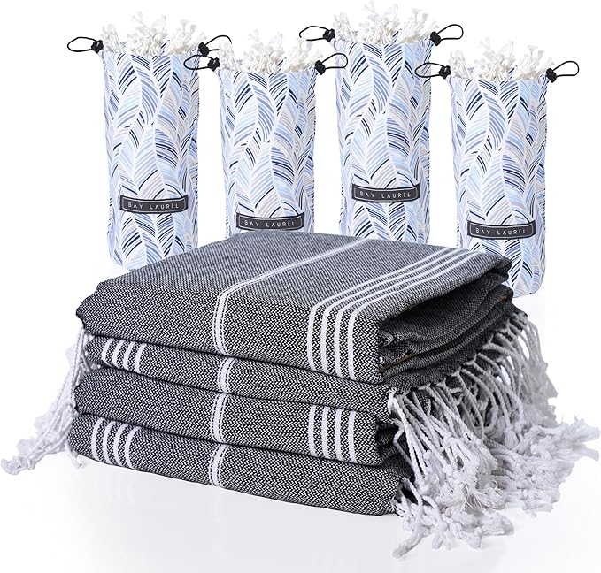 BAY LAUREL 4-Pack Oversized Turkish Beach Towels – Quick Dry, Sand Free Towels with Travel Bags, 39"x71", Lightweight (Pack of 4 - Black with Blue Floral Bag)