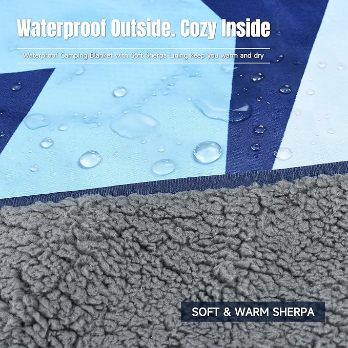 Tirrinia Waterproof Outdoor Blanket with Sherpa Lining, Windproof Triple Layers Warm Comfy Foldable for Camping Stadium, Beach, Picnic, Grass, Concerts, Car, Dog, 51''X 59'' & 59''X 80''