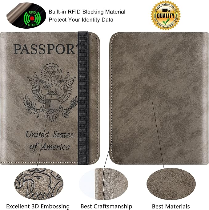 Airtag Passport Holder for Travel Essentials Wallet Rfid Blocking Cover Leather Case Vacation Travel Accessories for Women Men (601#Grey)