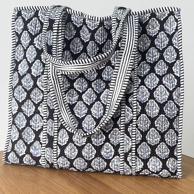 ATOSII Women Handblock Print Quilted 100% Cotton Floral Large Shoulder Tote Bag with Pocket, Zipper for Work, Beach & Travel