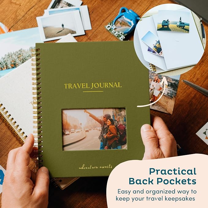 Nook Theory Personalized Travel Journal for Women, Men - Linen Travelers Notebook, Adventure Book with Prompts, Perfect for Travel Gifts (Olive)