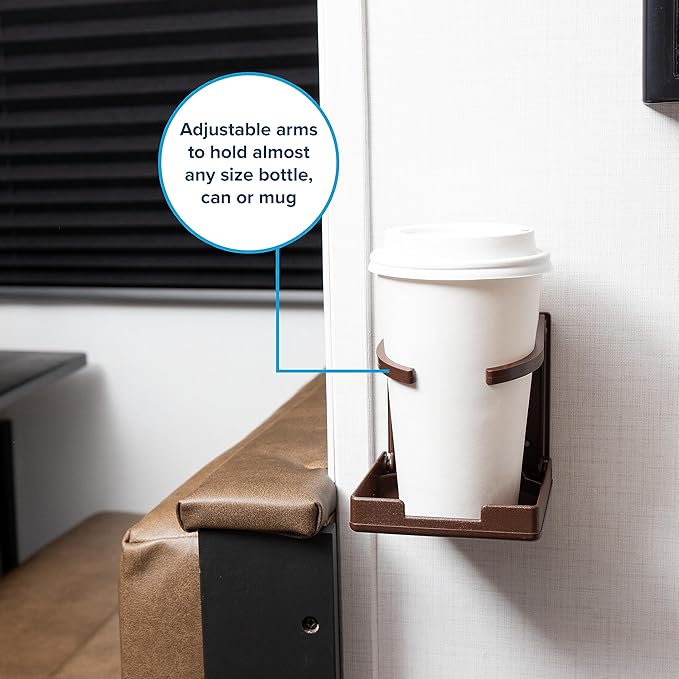 Camco Camper/RV Drink Holder - Features Adjustable Space-Saving Design & Holds Almost Any Size Mug, Cup, Bottle or Can - Extra Cup Holder for Cars, Trucks, RVs, Vans, Boats, and More - Brown (44043)