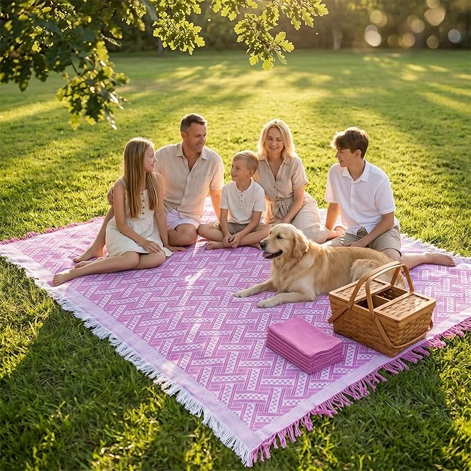 70x70 Bohemian Picnic Mat Extra Large, Sand Proof Outdoor Camping Blanket Machine Washable, Lightweight Portable Travel Tarp for 5-7 Adults Beach Park Grass (Pink-T-Grid)