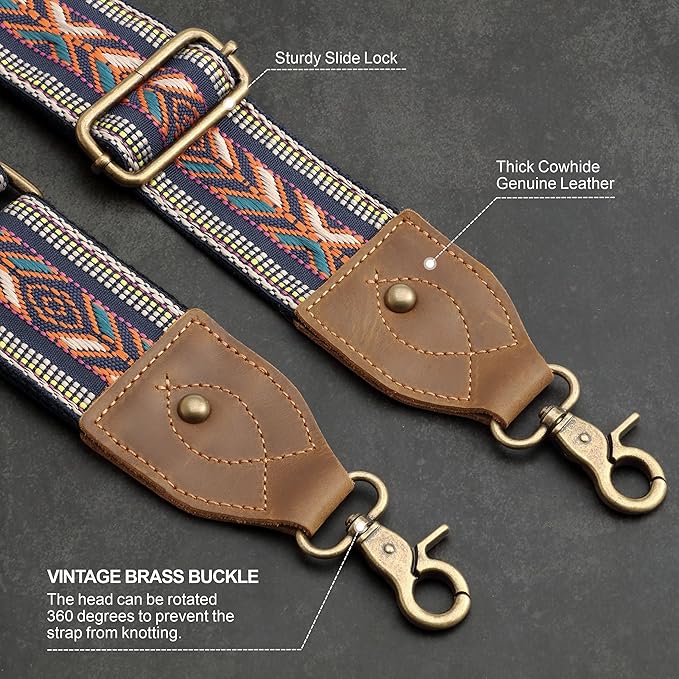 Nefelibata Purse Strap-2"Crazy Horse Leather Bag Strap Adjustable Replacement,Retro Jacquard Embroidery Crossbody Straps
