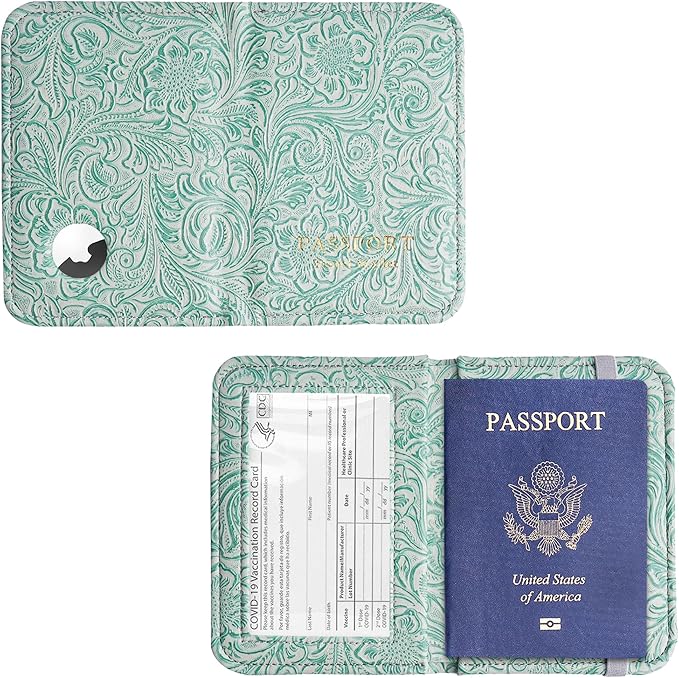 lizimandu Passport Holder with Airtag Slot, Airtag Passport Wallet for Men Women, Slim Leather Passport Holder Case Family for Travel Anti-Lost(1-Carved Green3)