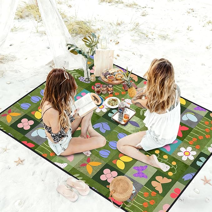 Floral Picnic Blankets Waterproof Foldable, 60″X80″ Packable Picnic Mat Butterfly Outdoor Blanket for Grass, Large Beach Blanket Sandproof Picnic Accessories for Camping Music Festival Park Lawn Party