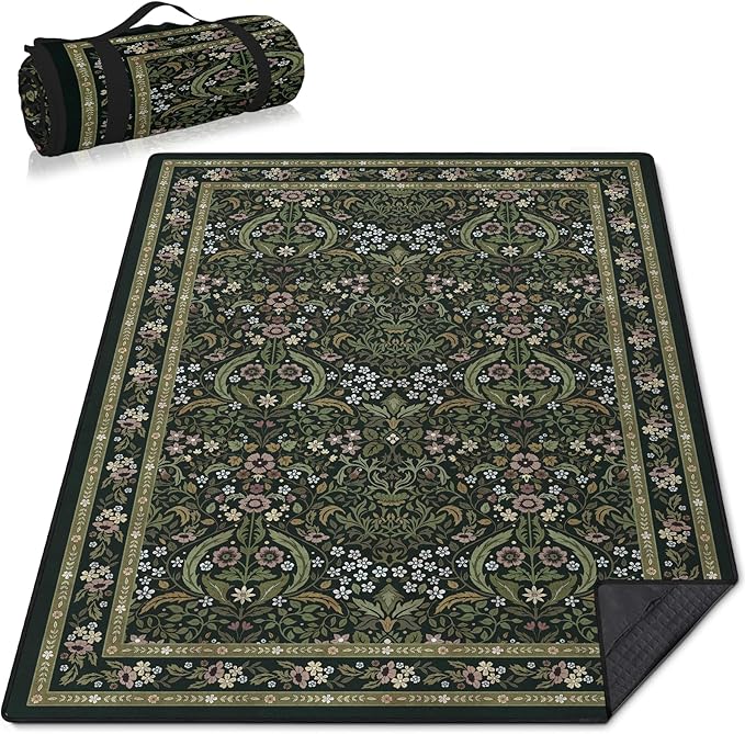 Floral Picnic Blankets Waterproof Foldable, 60″X80″ Packable Picnic Mat Vintage Outdoor Blanket for Grass, Large Beach Blanket Sandproof Picnic Accessories for Camping Music Festival Park Lawn Travel