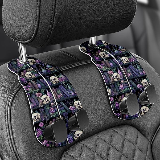WOCOCN Purse Holder for Car, 2 Pack Heavy Duty Purse Hanger for Car, PU Leather Car Seat Hooks for Purses and Bags, Cute Purple Skeleton Headrest Organizer for Handbags & Backpacks